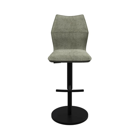 Iris Green Fabric Adjustable Bar Stool swivel function and black metal pedestal base