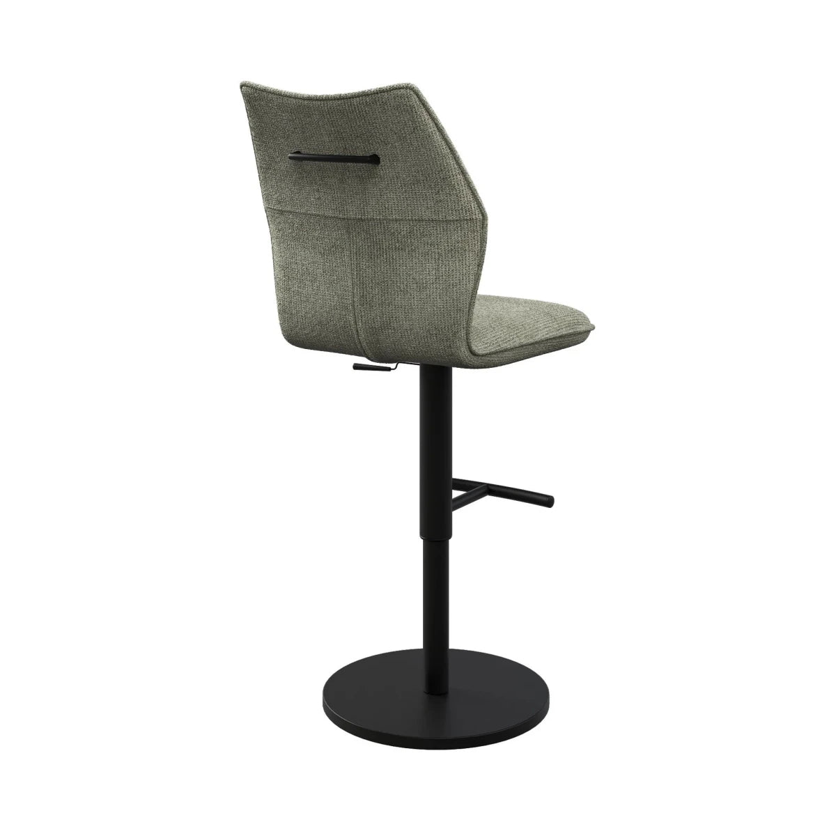 Image showing back of Iris Fabric Adjustable Bar Stool swivel function and black metal pedestal base