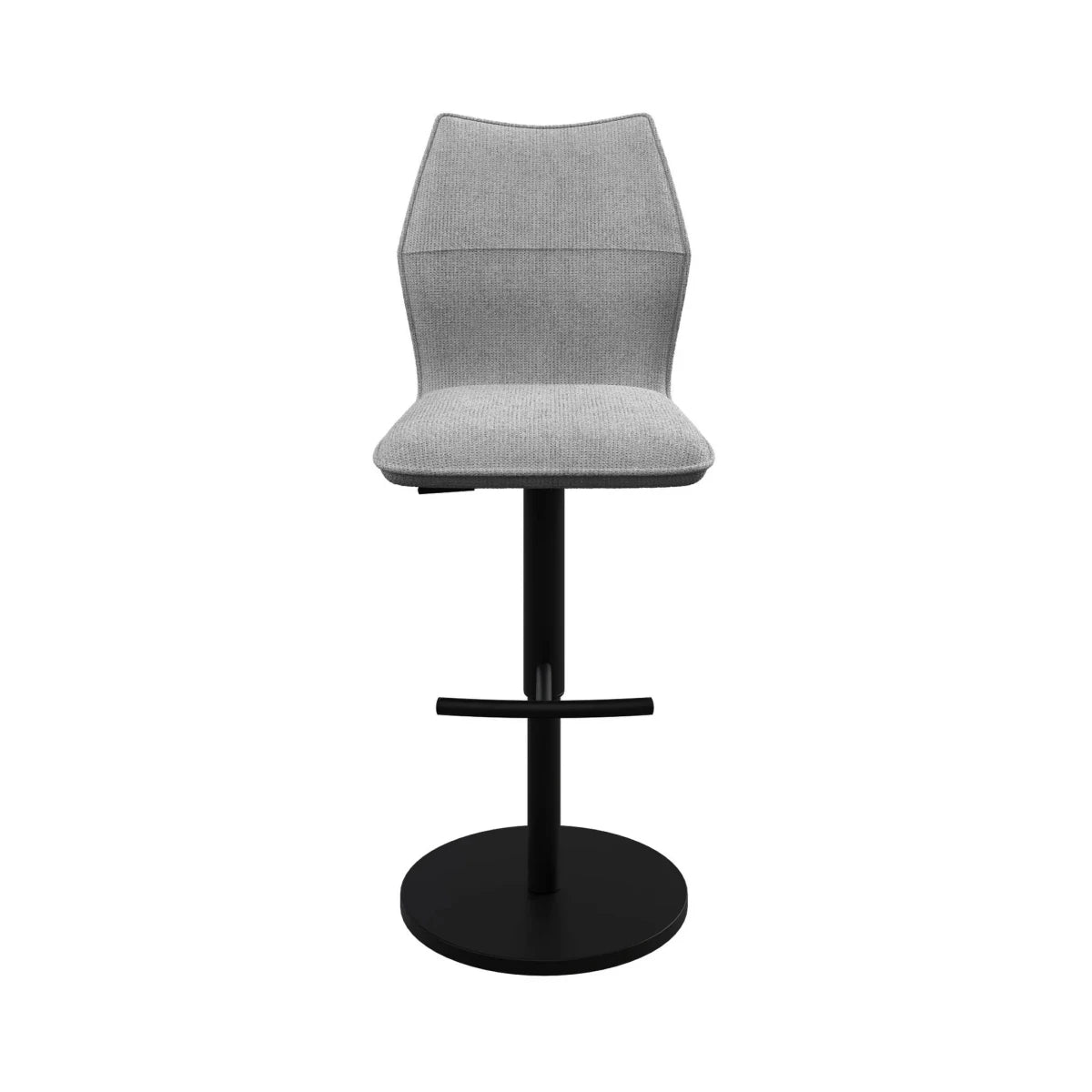 Iris Grey Fabric Adjustable Bar Stool swivel function and black metal pedestal base