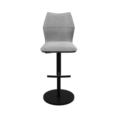 Iris Grey Fabric Adjustable Bar Stool swivel function and black metal pedestal base