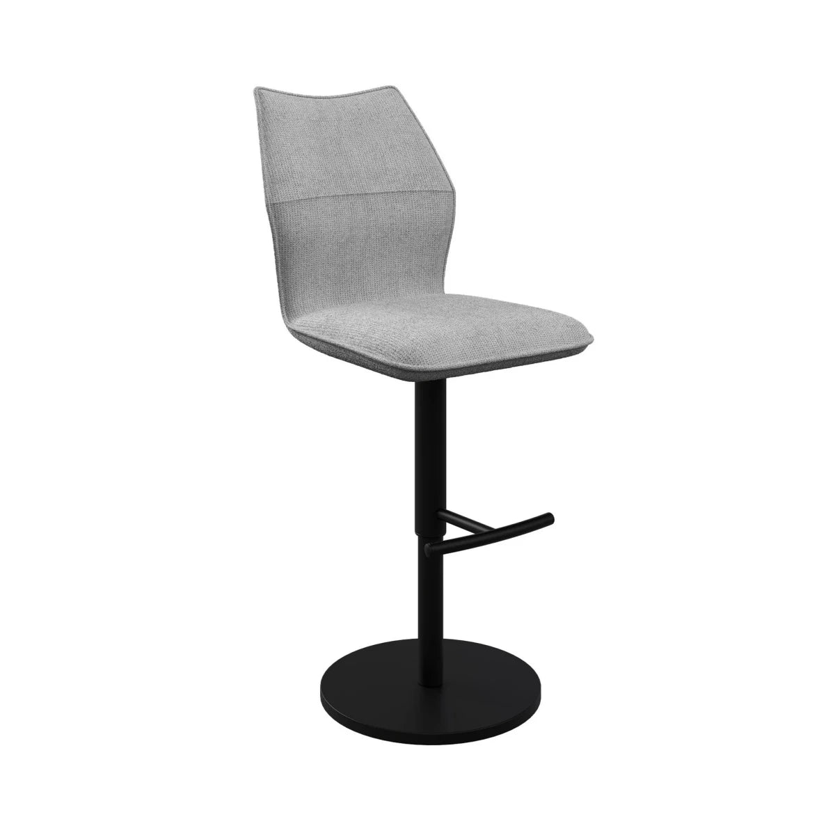 Angled view of Iris Grey Fabric Adjustable Bar Stool swivel function and black metal pedestal base