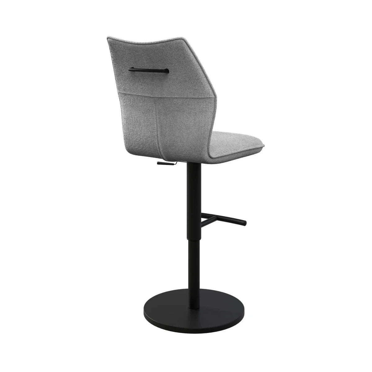 Image of Iris Grey Fabric Adjustable Bar Stool swivel function and black metal pedestal base showing Back of the stool