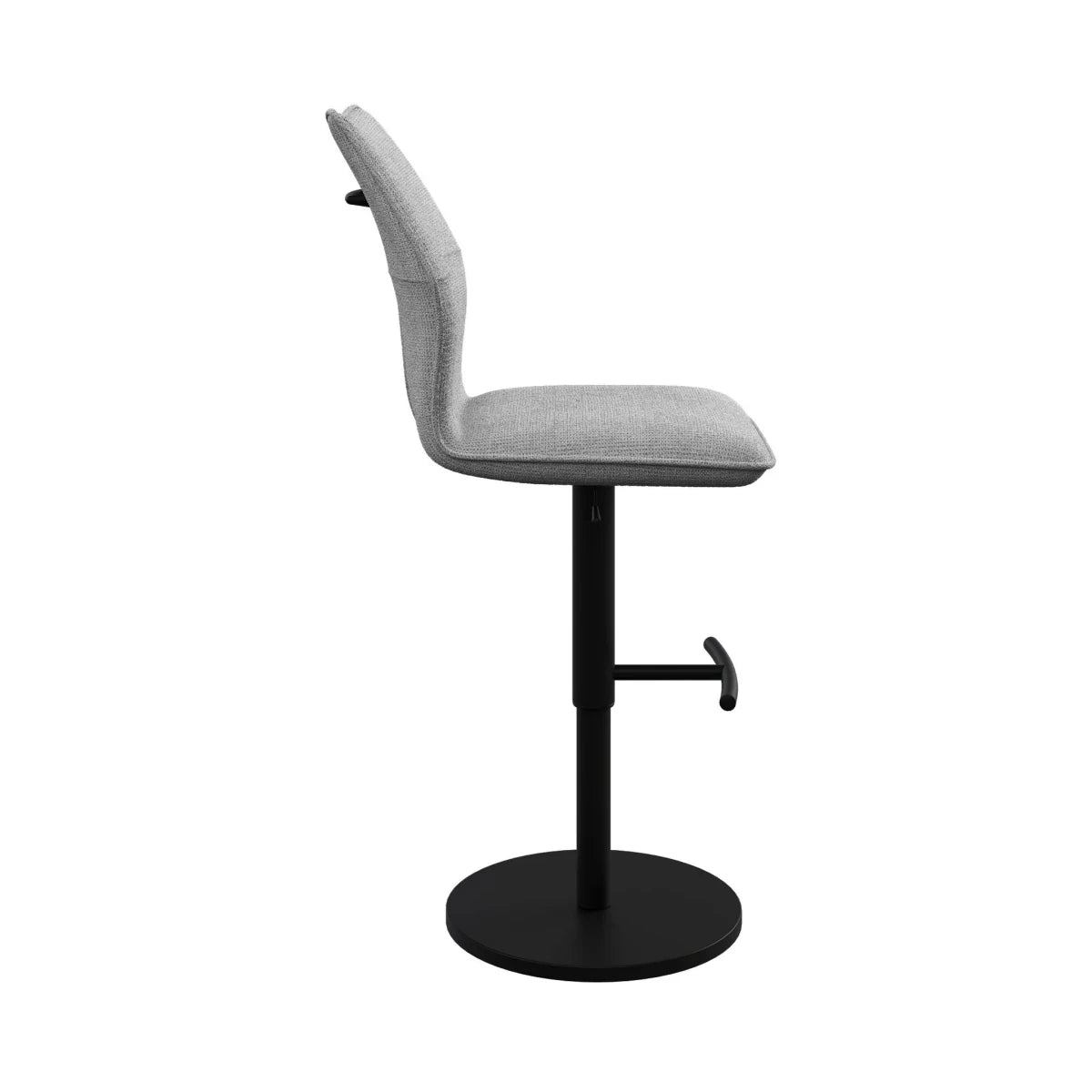 Iris Grey Fabric Adjustable Bar Stool swivel function and black metal pedestal base