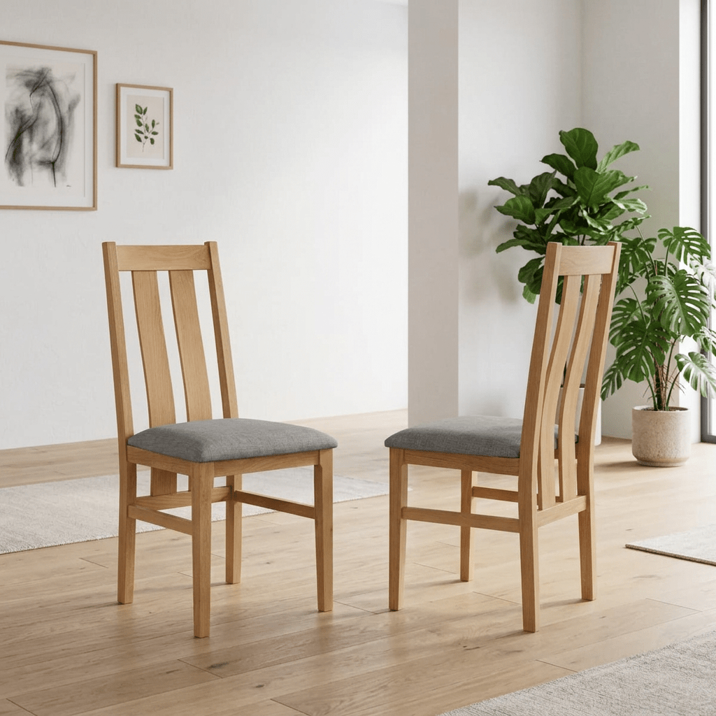 Cotswold Oak Dining Chairs with Grey Linen Seats – Pair