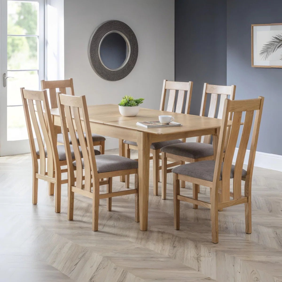 Cotswold Oak Extending Dining Table & Grey Linen Chairs Set