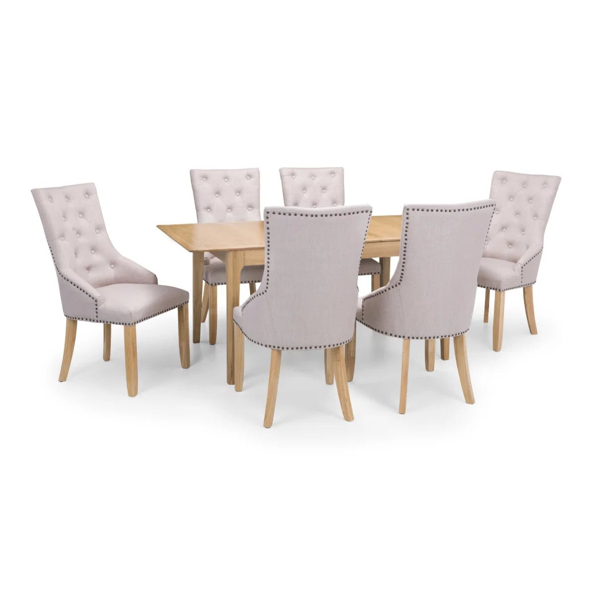 Dining table set with six upholstered chairs on a white background