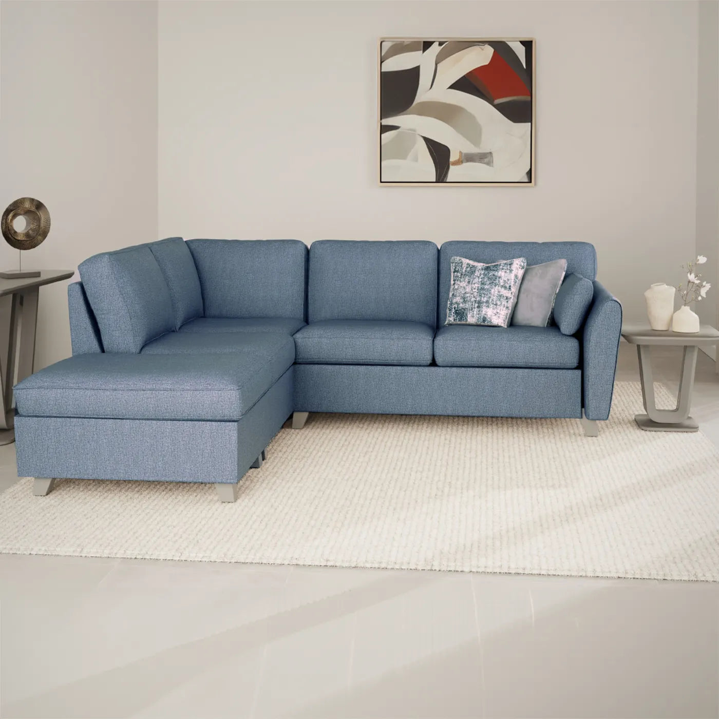 Get Cromwell Blue Linen Fabric LHF Corner Sofa Pendle Village Furniture