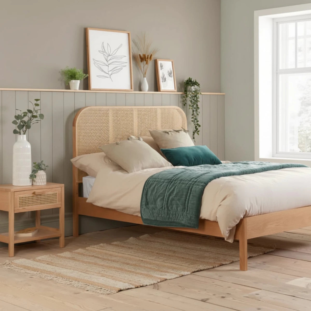 Contemporary bed with organic textures and tones.