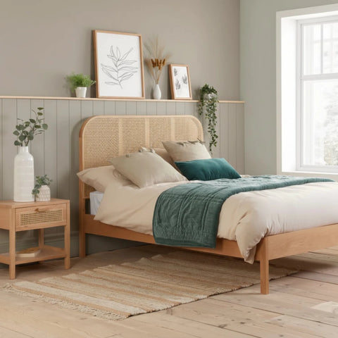 Contemporary bed with organic textures and tones.