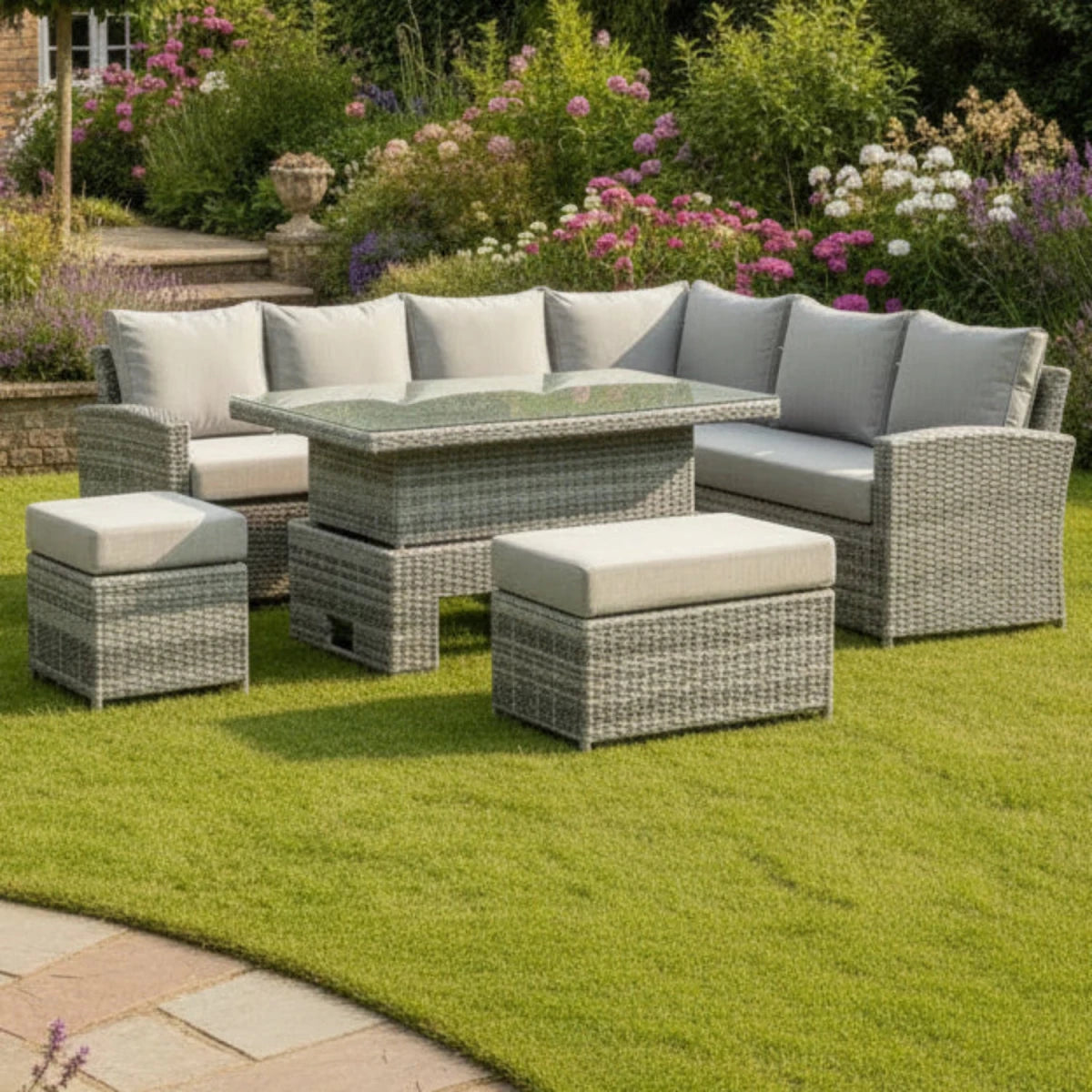 Outdoor corner seating set designed for comfort and dining use.