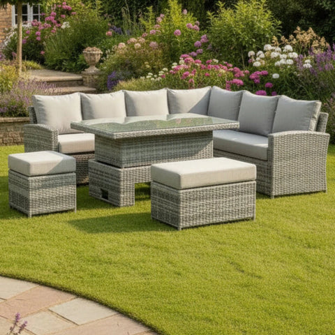 Outdoor corner seating set designed for comfort and dining use.