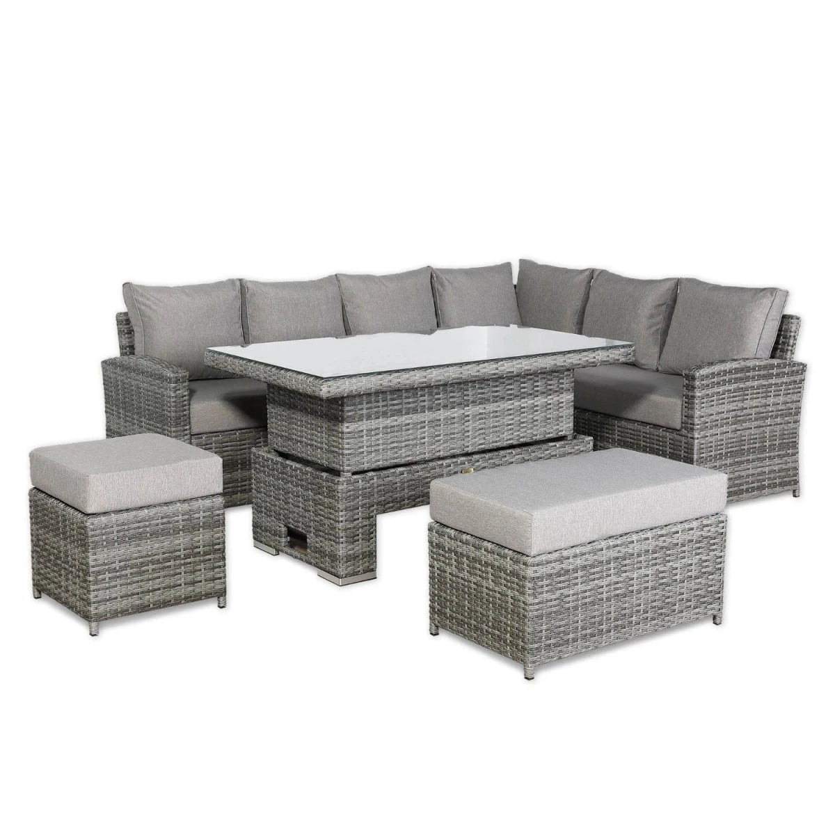 Outdoor corner seating set designed for comfort and dining use.