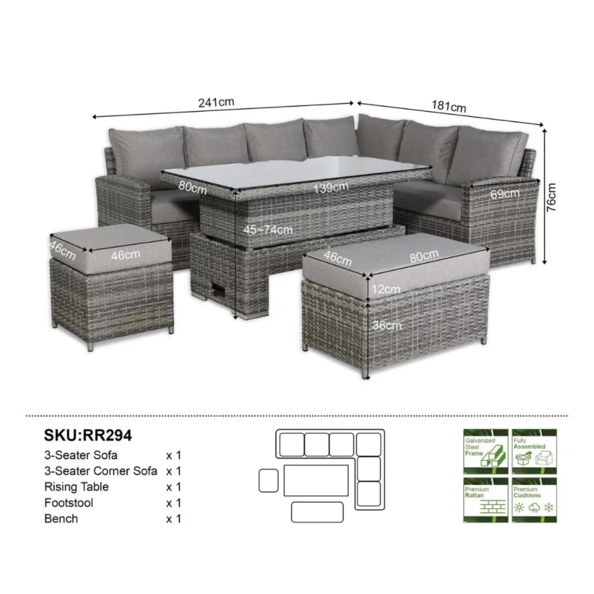 Calviro Luxe corner dining set dimensions showing full layout size.