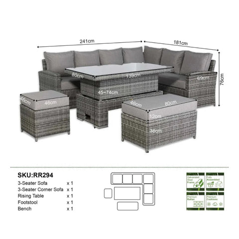 Calviro Luxe corner dining set dimensions showing full layout size.