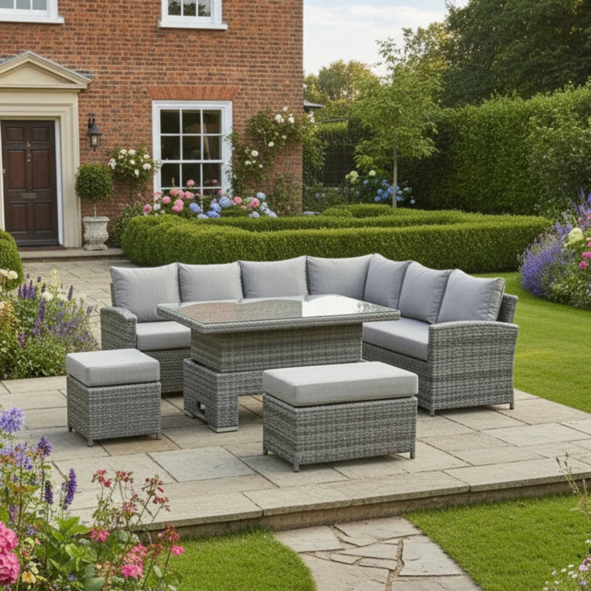 Calviro Luxe right-hand corner dining set with spacious outdoor seating.