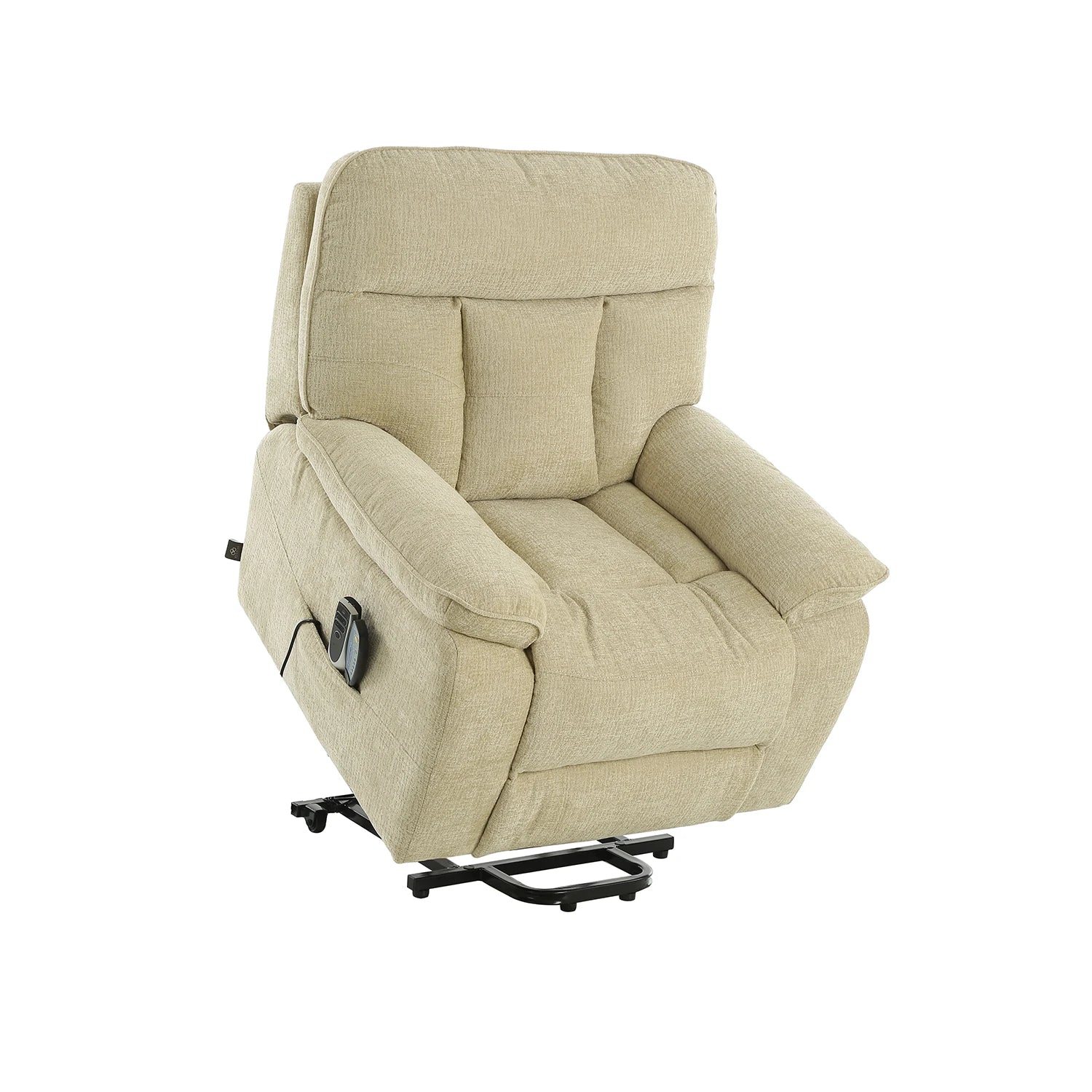 Beige upholstered rise and recliner chair with a black metal base, shown on a plain white background.