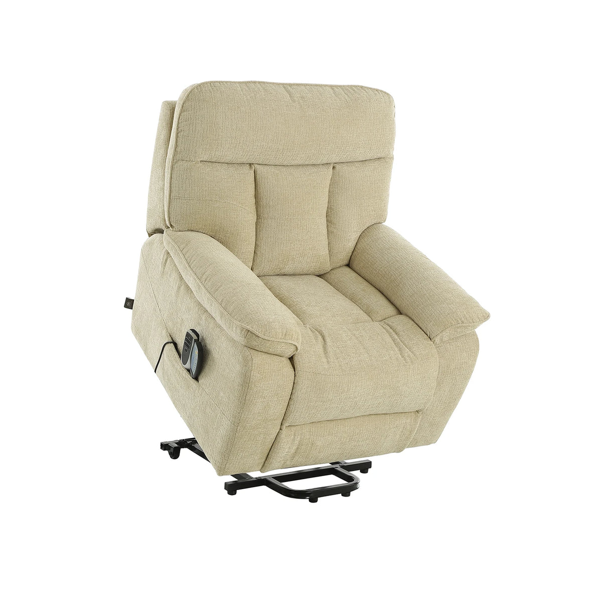 Beige upholstered rise and recliner chair with a black metal base, shown on a plain white background.