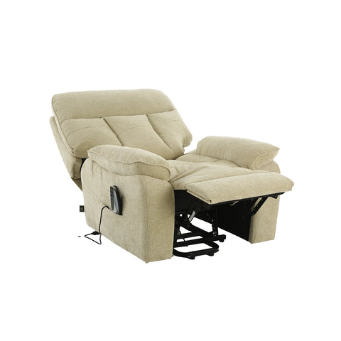 Beige upholstered recliner chair shown in a reclined position with the footrest extended, photographed on a plain white background.