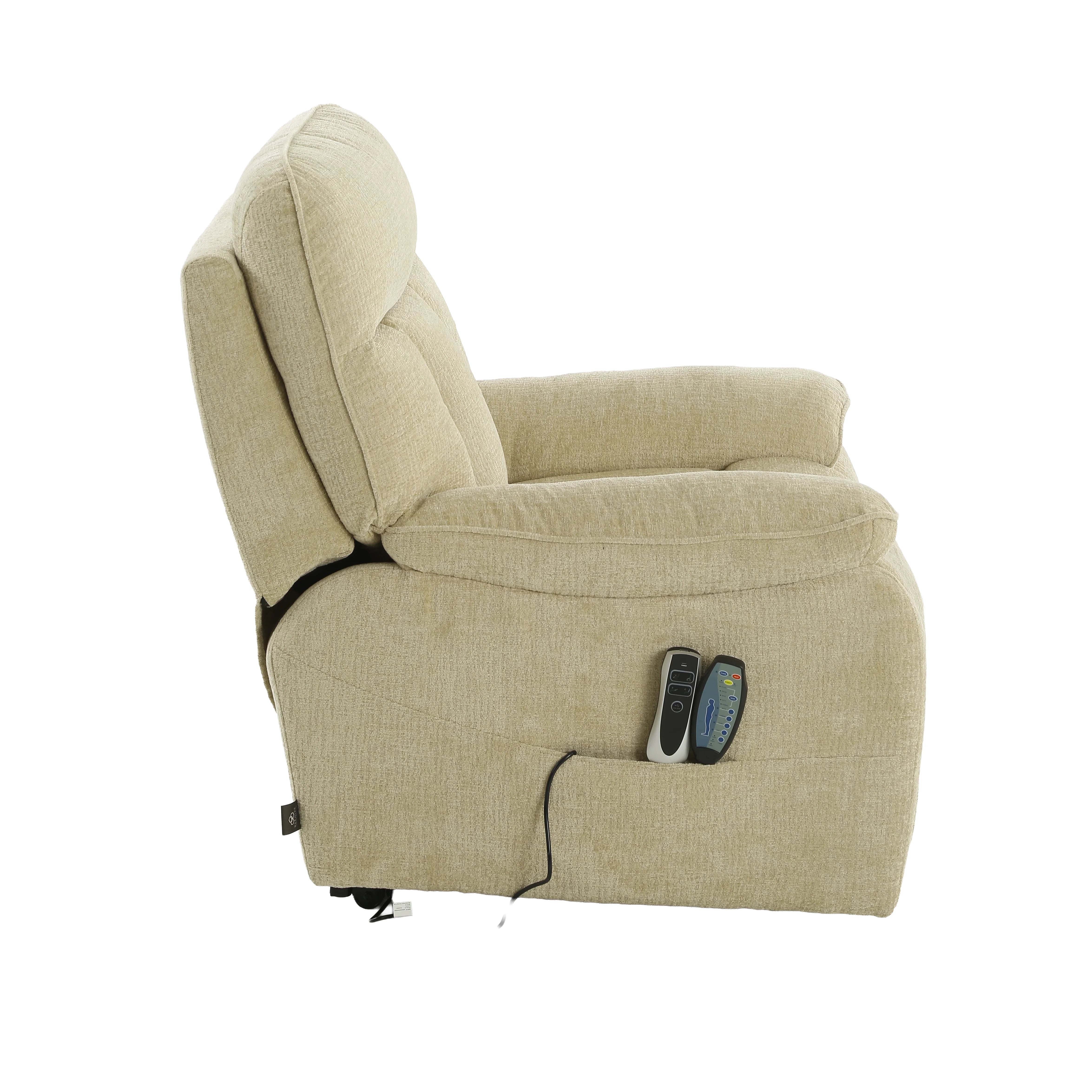 Beige fabric power recliner chair shown from a side profile view on a white background, with a remote control in the side pocket and a power cord visible.