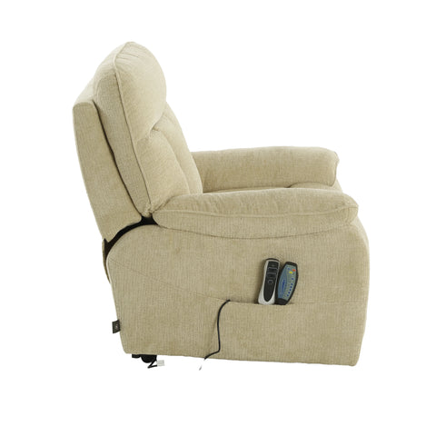 Beige fabric power recliner chair shown from a side profile view on a white background, with a remote control in the side pocket and a power cord visible.