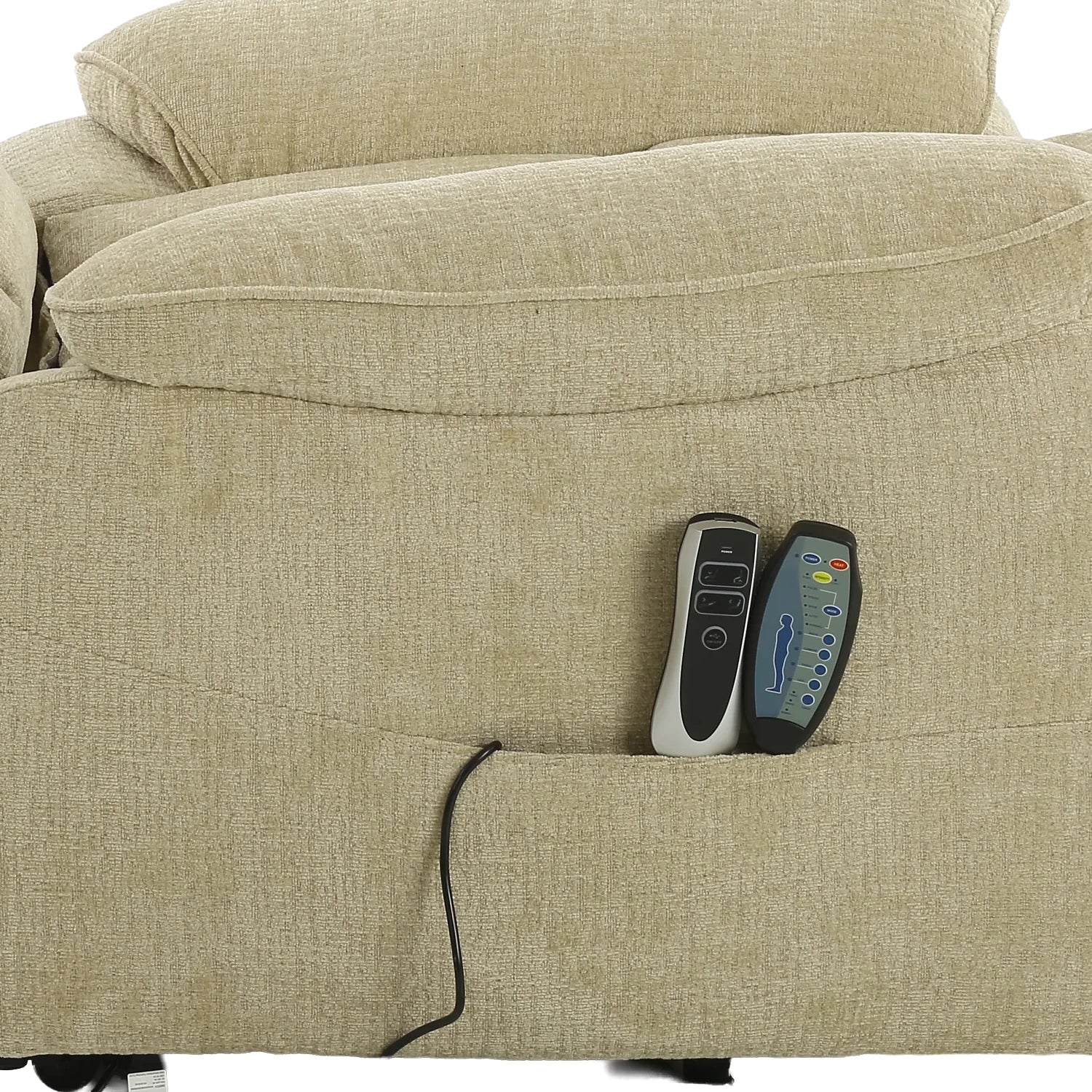 Close-up Camborne Electric Rise and Recline Massage Chair in Beige with a side pocket holding two remote controls, for Rise and Recline and For Massage and Heat Function