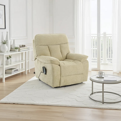 Angled room Shot of Camborne Electric Rise and Recline Chair in Beige Colour with Massage and heat function