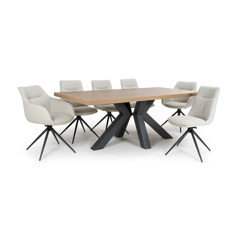 Camden 200cm Rustic Oak Dining Table with 6 Bosley Dining Chairs - Pendle Village Furniture
