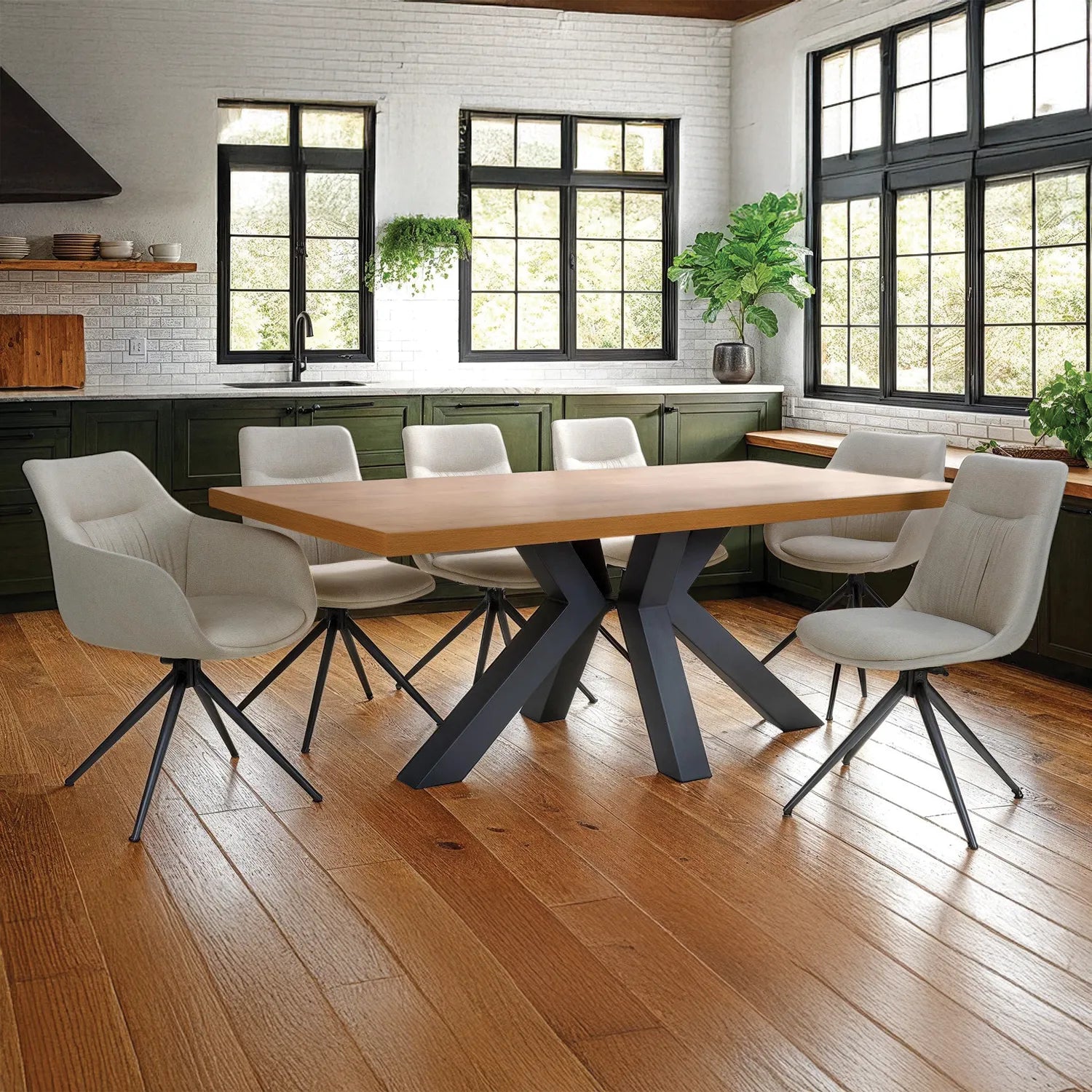 Camden 200cm Rustic Oak Dining Table with 6 Bosley Dining Chairs - Pendle Village Furniture