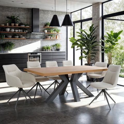 Camden 200cm Rustic Oak Dining Table with 6 Bosley Dining Chairs - Pendle Village Furniture