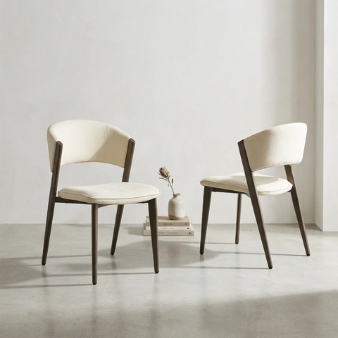 Camilla walnut and cream dining chairs available in sets of 4, 6 or 8. Elegant upholstered chairs with timeless contemporary styling.