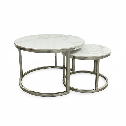 Capri Polar White Sintered Stone Nest of 2 Round Coffee Tables – Chrome Base - Pendle Village Furniture