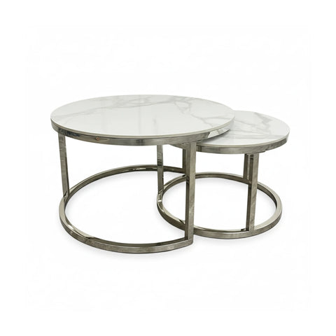Capri Polar White Sintered Stone Nest of 2 Round Coffee Tables – Chrome Base - Pendle Village Furniture