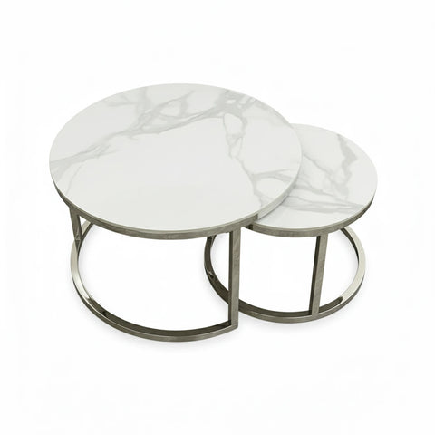 Capri Polar White Sintered Stone Nest of 2 Round Coffee Tables – Chrome Base - Pendle Village Furniture