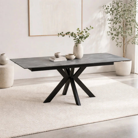 Dining table with black metal legs in a minimalistic room with plants and books.