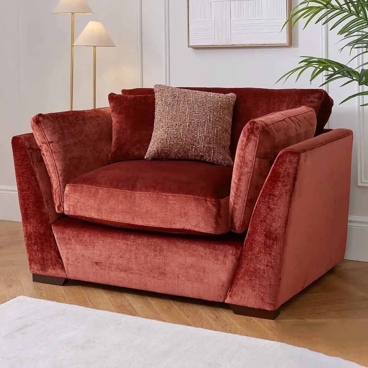Caressa Fabric Love Chair in a modern living room