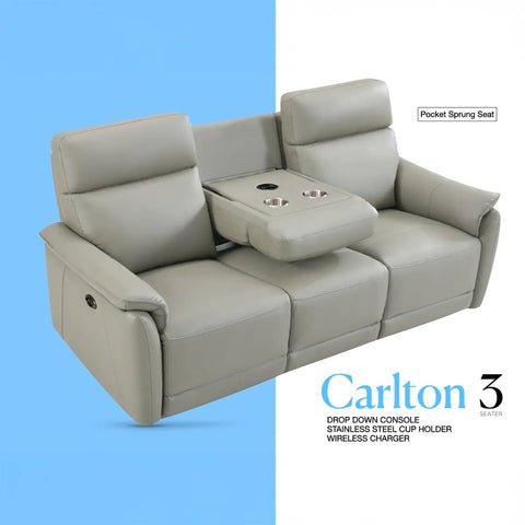 Carlton 3 Seater Electric Recliner Sofa – Light Grey Premium Leather - Pendle Village Furniture