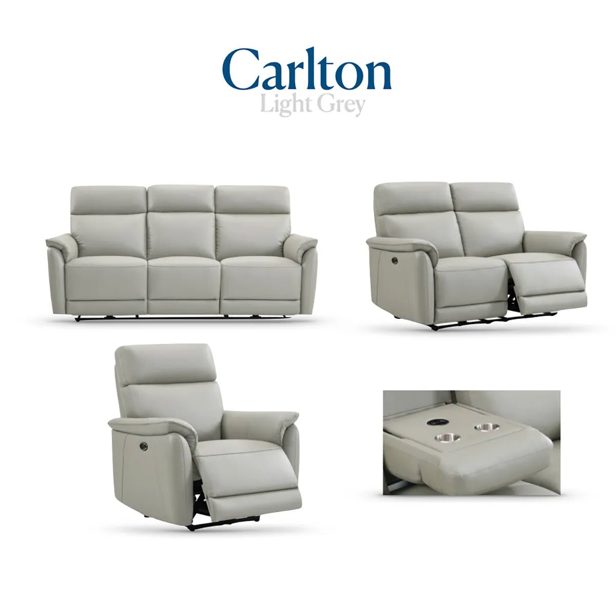 Carlton 3 Seater Electric Recliner Sofa – Light Grey Premium Leather - Pendle Village Furniture