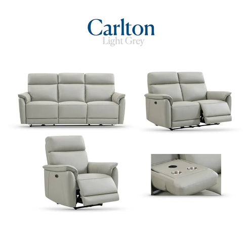 Carlton 3 Seater Electric Recliner Sofa – Light Grey Premium Leather - Pendle Village Furniture