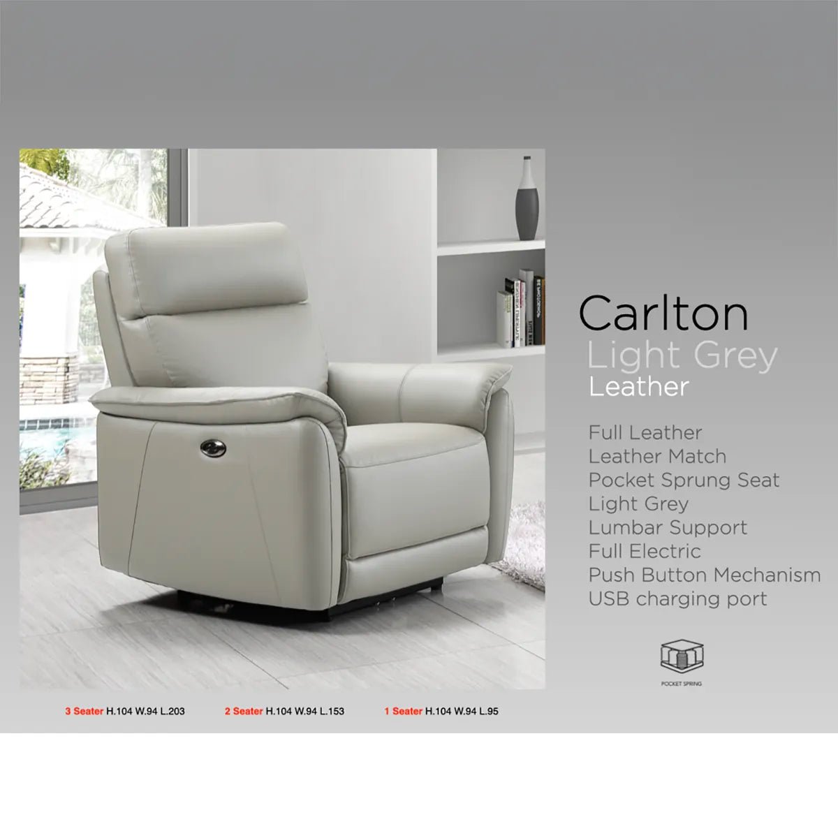 Carlton Light Grey Leather Electric Recliner Armchair