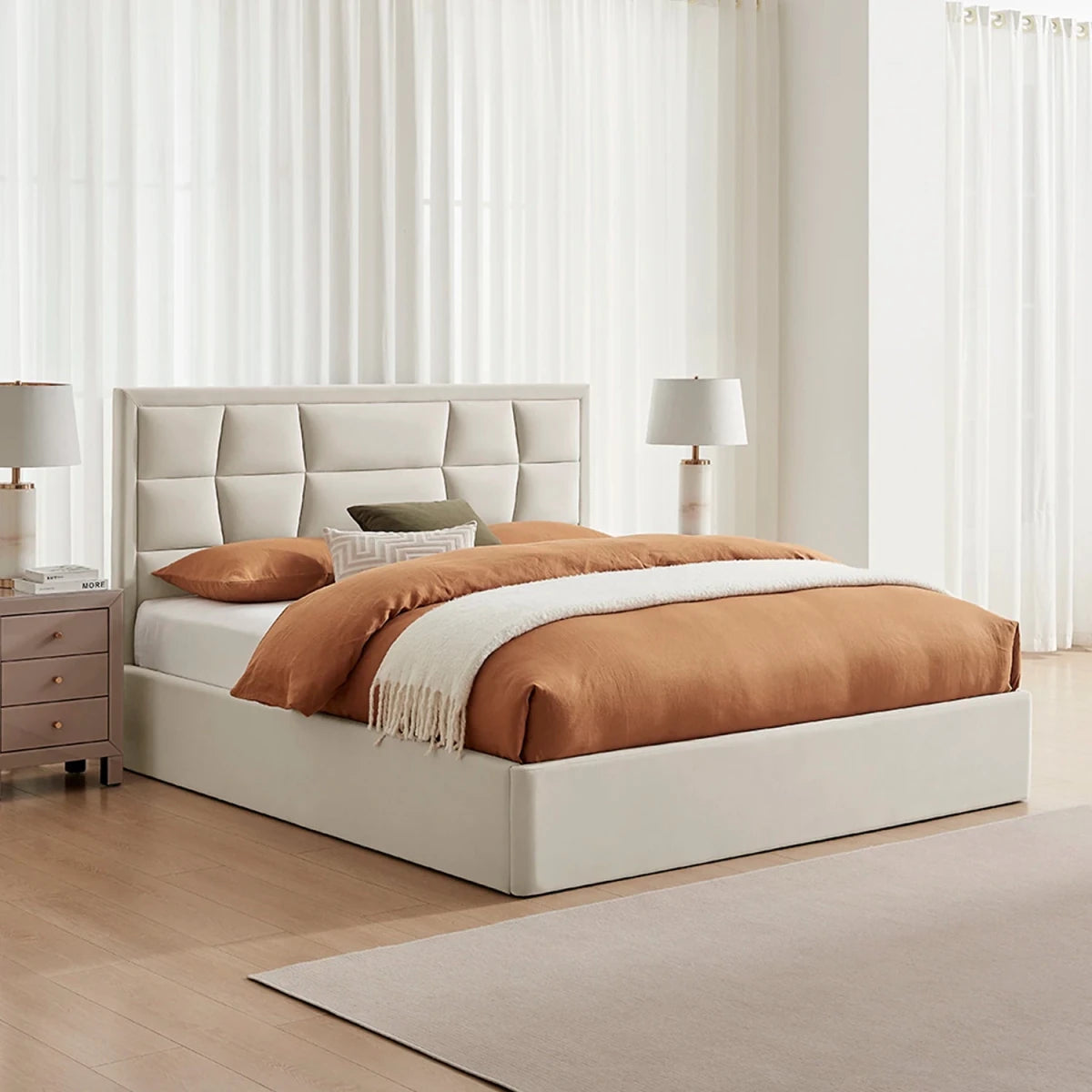 Camila Luxury Storage Bed shown in Natural fabric, also available in Silver or Navy. Choose Double, Kingsize or Superking.