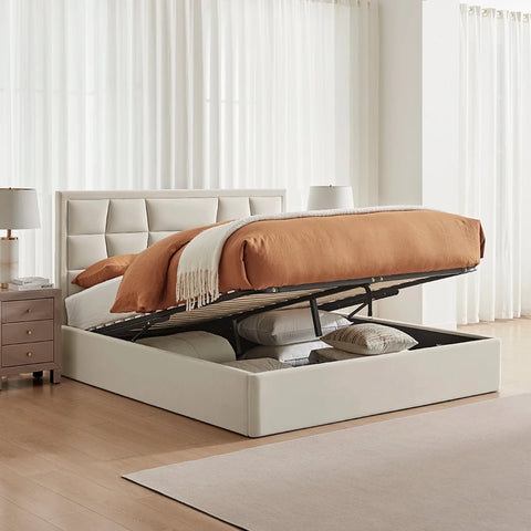 Camila Luxury Storage Bed shown in Natural fabric, also available in Silver or Navy. Ottoman lifted to show under bed storage.