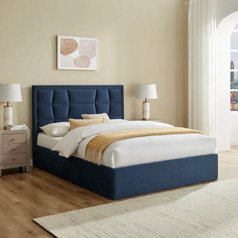 Camila Luxury Storage Bed shown in Navy fabric, also available in Silver or Natural. Choose from various sizes, Double, Kingsize or Super king.