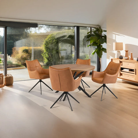 Carson Round Oak Veneer Dining Table with 4 Arundel Chairs - Pendle Village Furniture