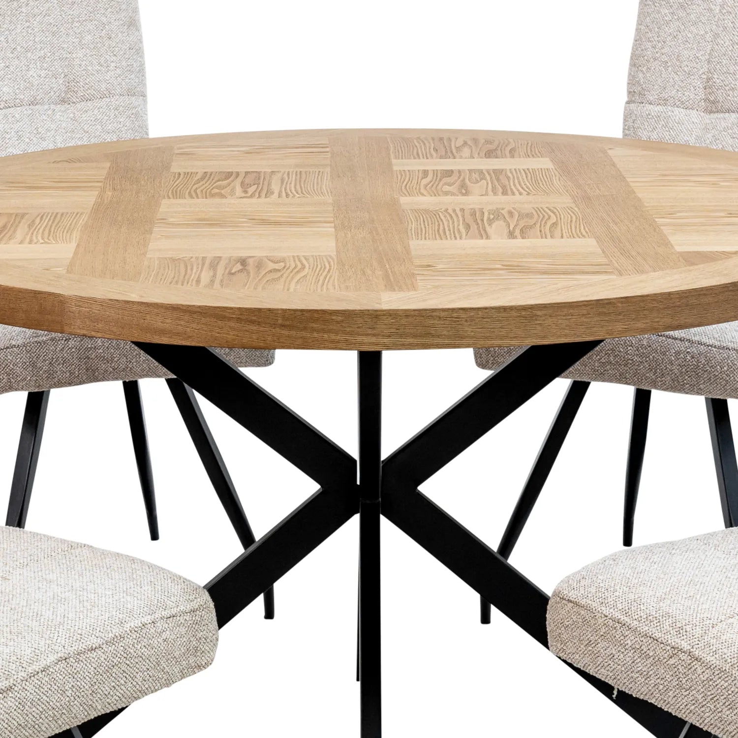 Carson Round Oak Veneer Dining Table with 4 Ellison Chairs - Pendle Village Furniture