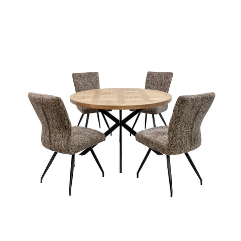 Carson Round Oak Veneer Dining Table with 4 Ellison Chairs - Pendle Village Furniture