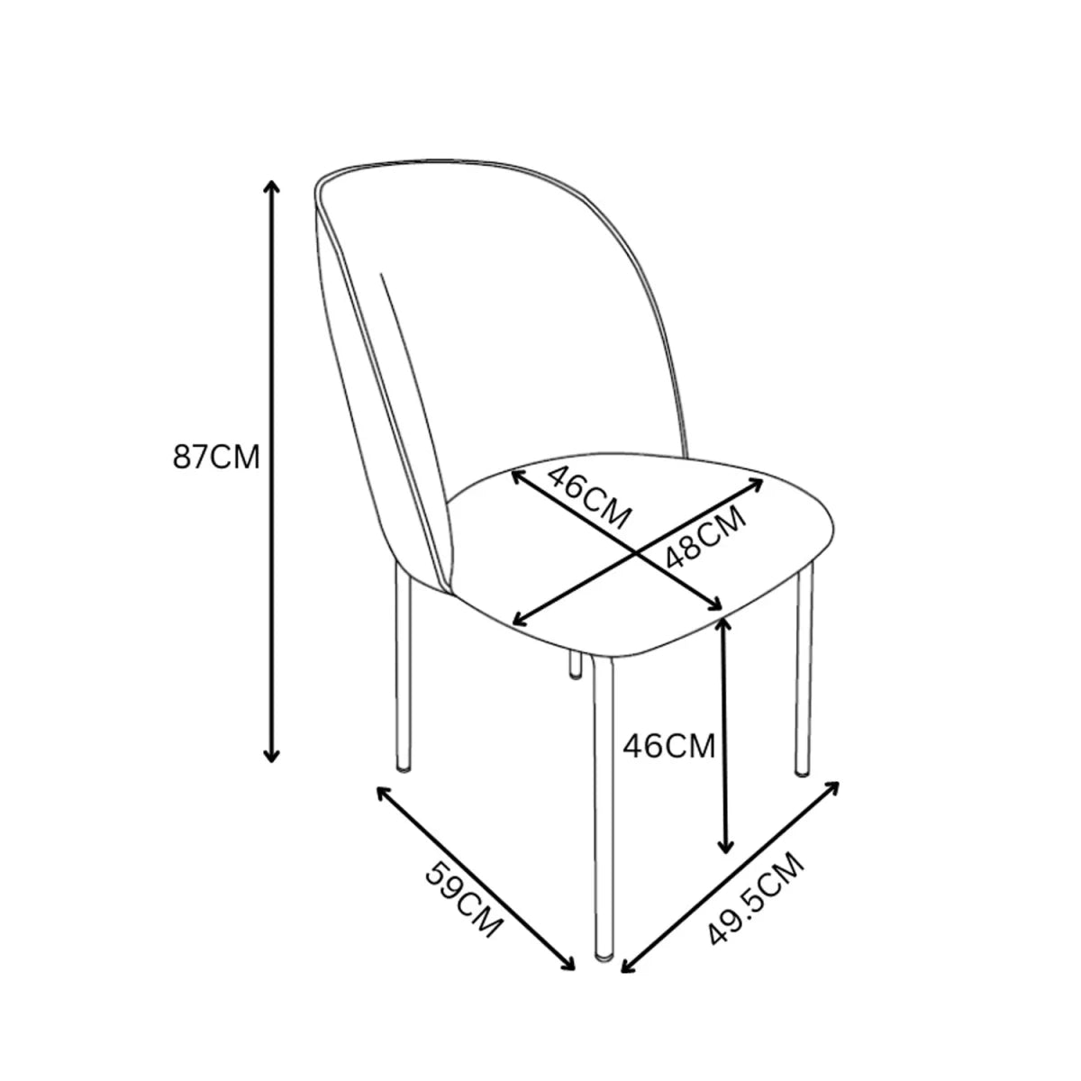 A black-and-white line drawing of a cartier dining chair with dimension arrows and labels showing height, seat width, seat depth, and leg measurements.