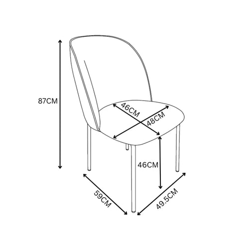 A black-and-white line drawing of a cartier dining chair with dimension arrows and labels showing height, seat width, seat depth, and leg measurements.
