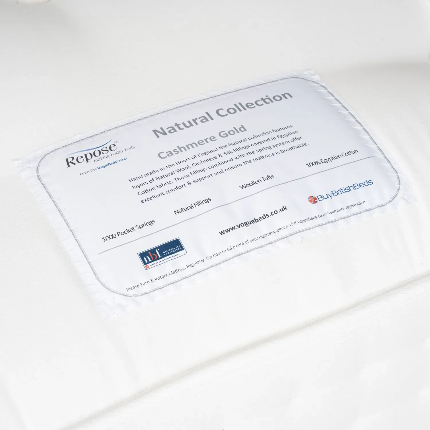 Repose Cashmere Gold 1500 Pocket Mattress, Available in Single, Small Double, Double, Kingsize, SuperKing - Cashmere Gold Label 