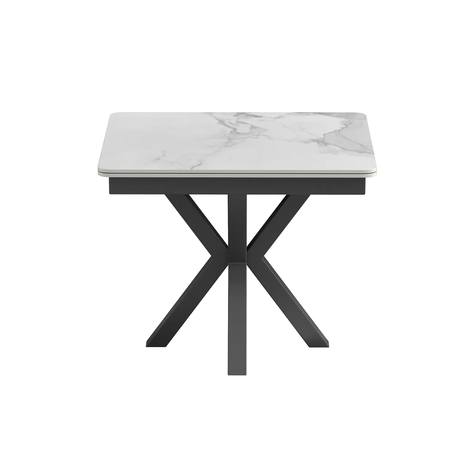 Small table with white marble effect top and black metal legs on a white background