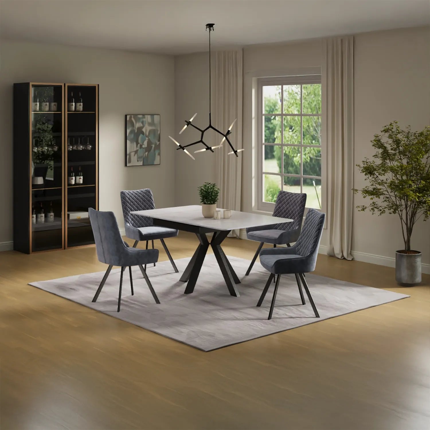 Casper 90cm White Sintered Stone Table with Grey Velvet Chairs